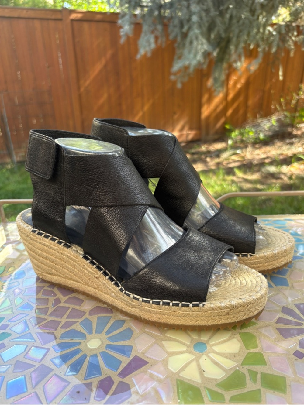 Eileen Fisher Black Soft Tumbled Leather Ankle Strap Espadrille Wedge Sandal 10
